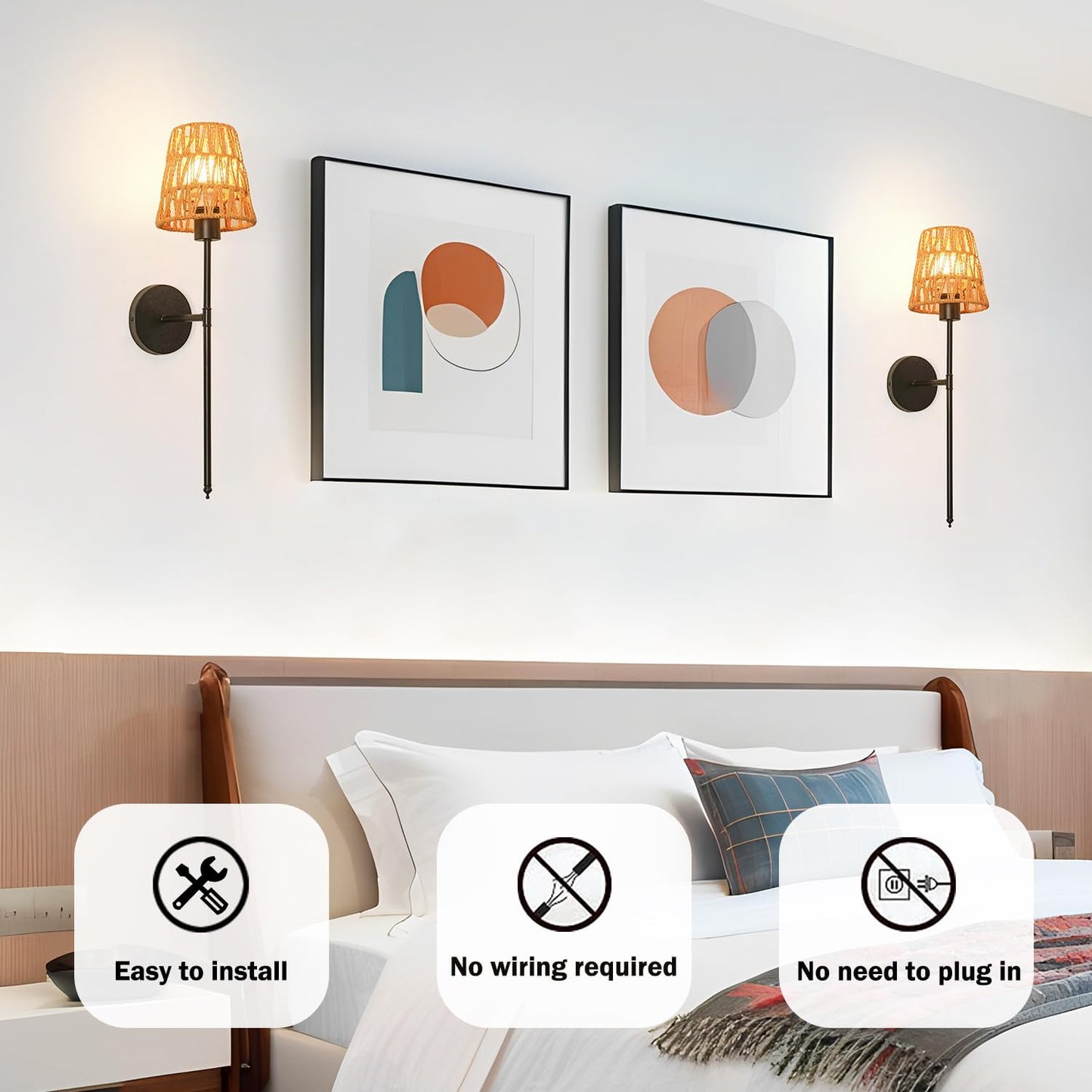 Boho Battery Operated Wall Sconces, Rattan Wall Sconce Set of 2 with Remote, RGB 15 Colors Dimmable Rechargeable Wall Light, Black Indoor Wireless Wall Lamp, Farmhouse Rattan Wall Lighting for Bedroom