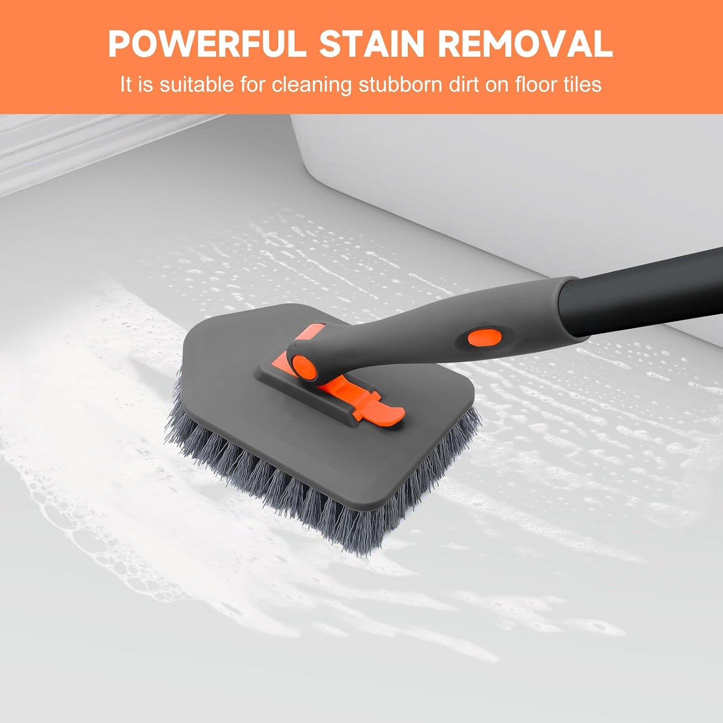 nacena Shower Scrubber with Long Handle, 4 in 1 Tile Tub Scrubber Brush with 3 Detachable Cleaning Heads and V-Shaped Grout Brush Shower Cleaner Brush for Bathroom Kitchen Toilet Tub Sink Wall, Black