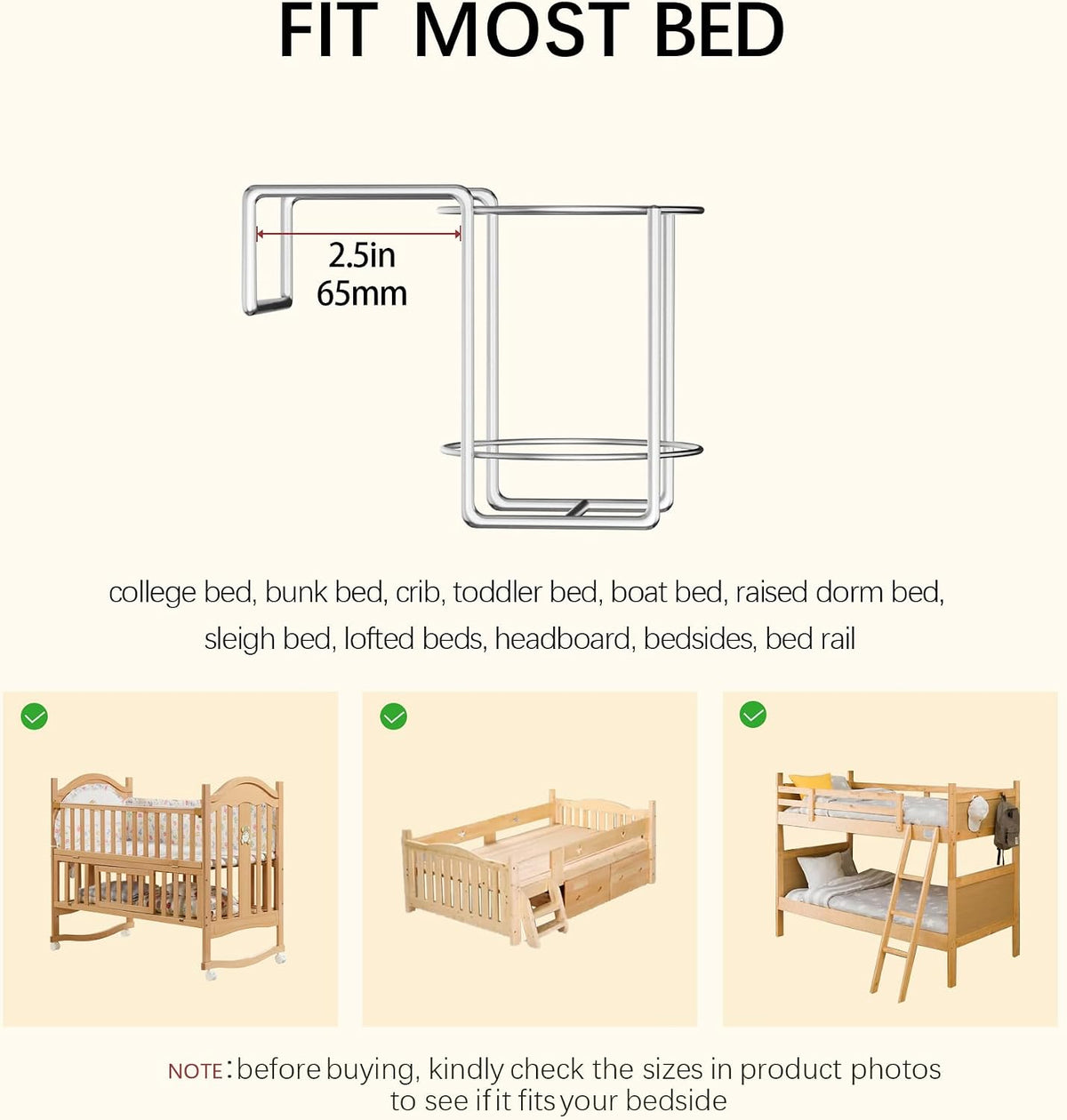 Cup Holder for Bed (Diameter: 3.3IN) Drink Holder Water Bottle/Glass Organizer for Wood Dorm Room Bunk Bed Crib, Metal Toddle Bed,Loft Bedside, Headbed, Car,Office Desk Partition