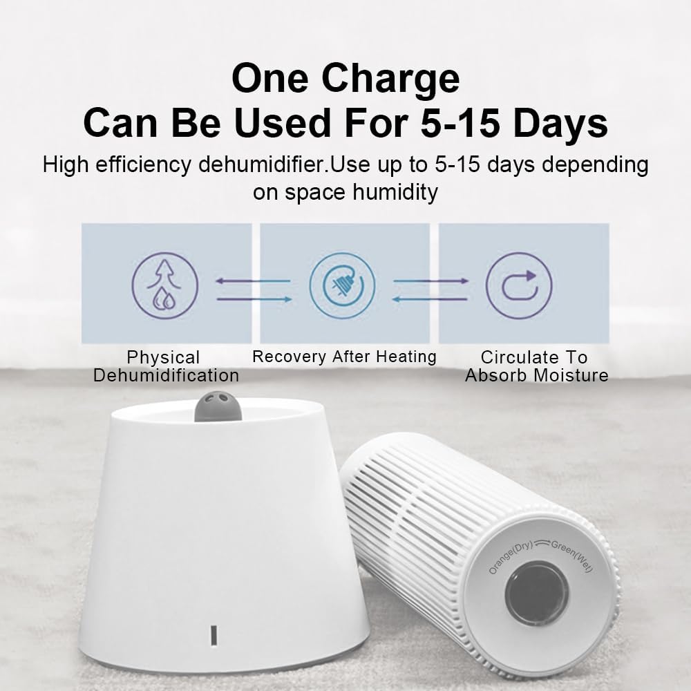 Reusable Cordless Gun Safe Mini Dehumidifier w/Heating Base | Rechargeable Quiet Small Portable Drier Stick for Space Room Bathroom Closet Car RV Boat Cabinet TOP-X-White 2+1
