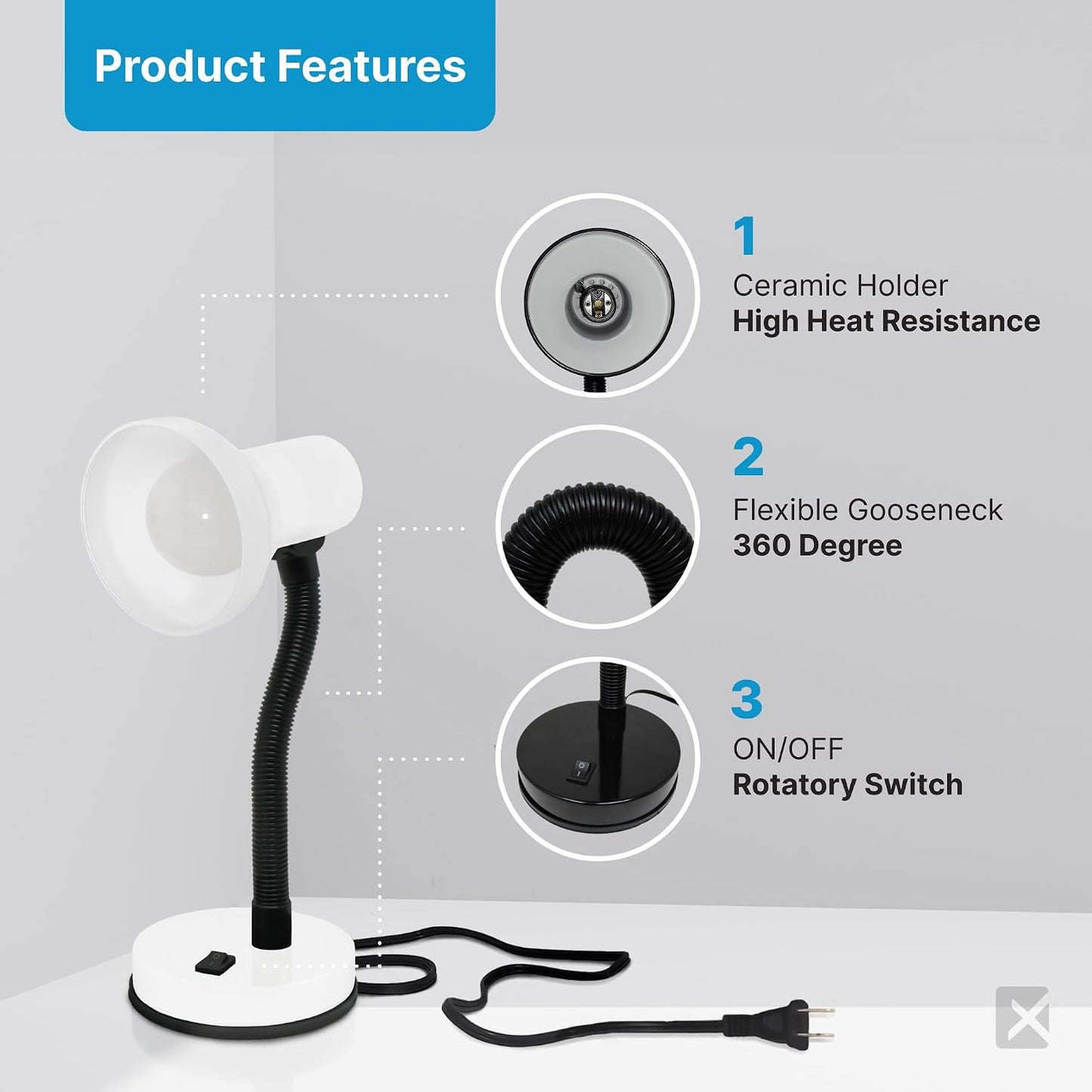 Xtricity LED Clip on Desk Lamp with 360° Flexible Gooseneck, White Finish | Reading Light for Bed Headboard– A19 Bulb Included, 120V, On/Off Switch, 10.25” Height Table Lamp