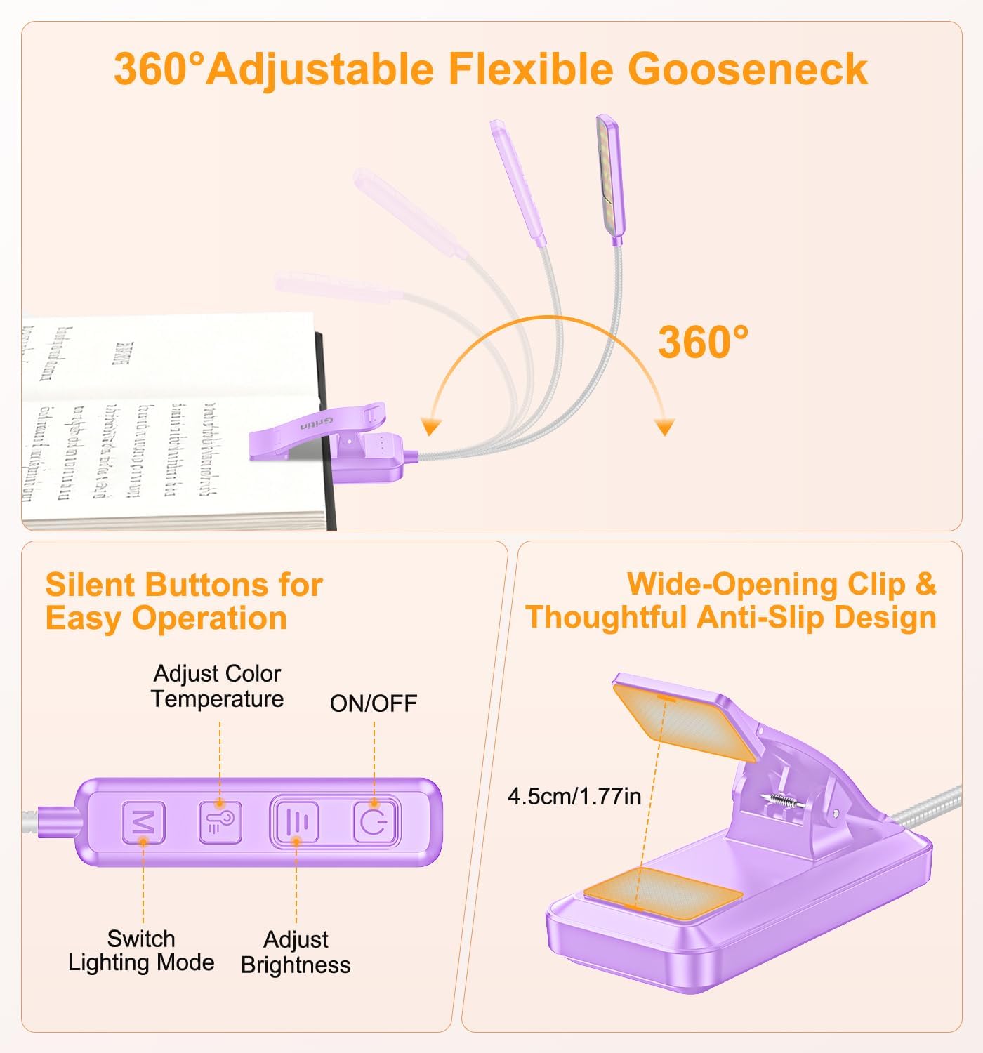 Gritin 2026 Gen 2 Book Light for Reading- 30 Eye Caring Full Spectrum LED | 5 Colors & 5 Brightness, Adjustable Wide/Narrow Beam, Upgrade 1500mAh Long-Lasting Rechargeable Clip on Light for Book Lovers