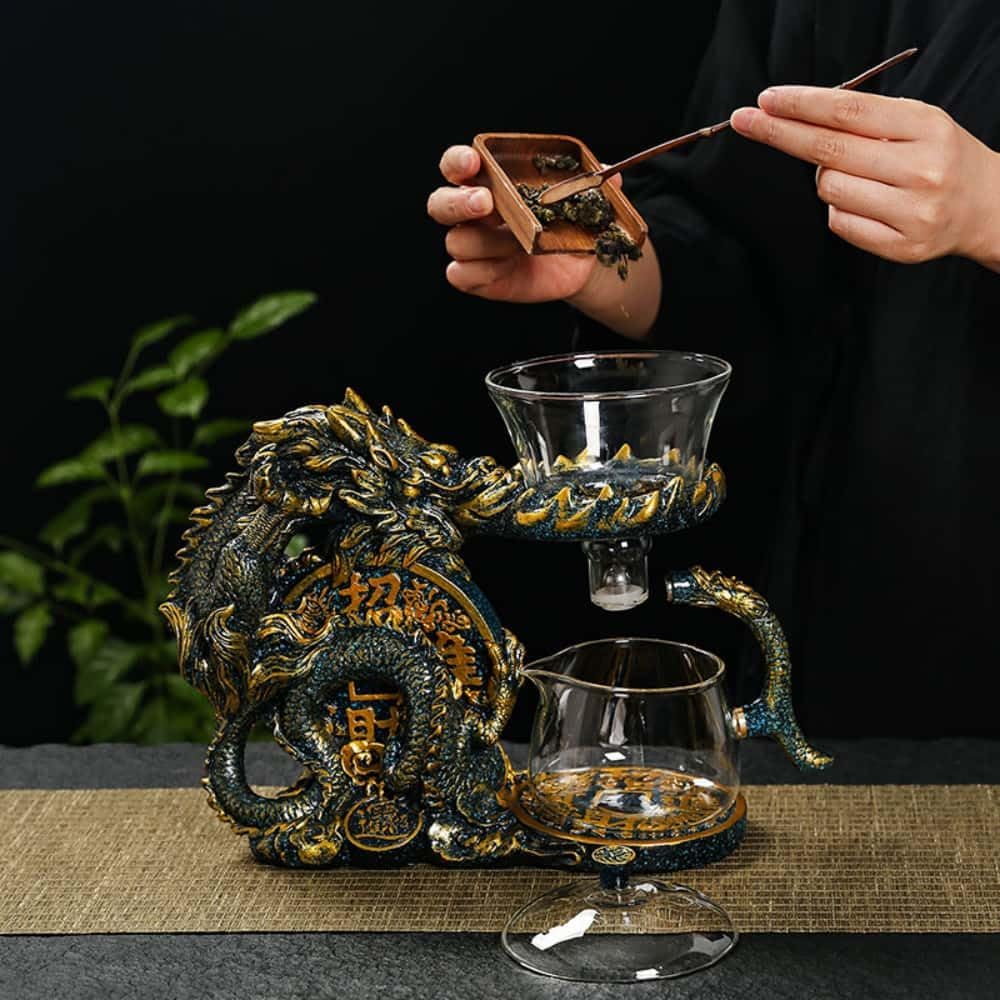 Glass Teapot Set with Infuser Semi Automatic Dragon Tea Set (Blue golden teapot)
