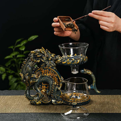 Glass Teapot Set with Infuser Semi Automatic Dragon Tea Set (Blue golden teapot)