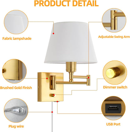 Bedside Wall Mount Light with Dimmable Switch and Outlet, Swing Arm Fabric Shade Wall Sconce Light with USB Port and Plug in Cord, Black Wall Lamp for Bedroom, Living Room and Hotel