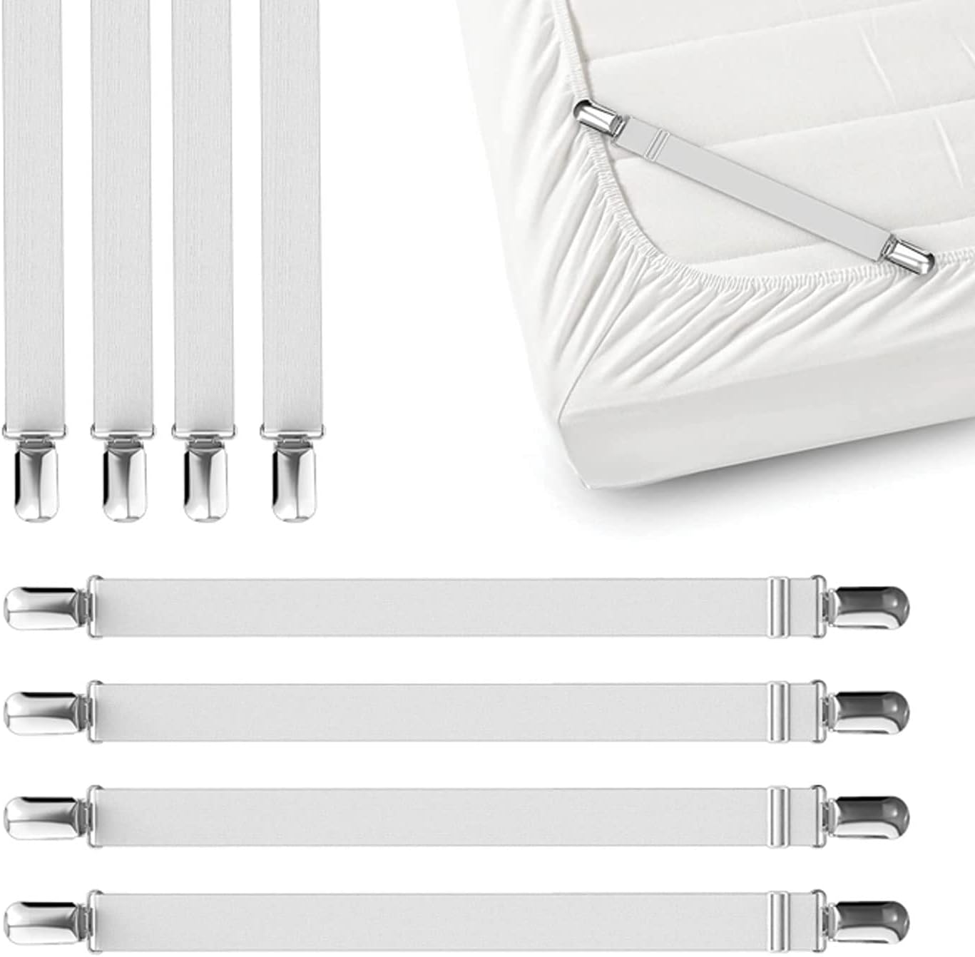 FeelAtHome Adjustable Bed Sheet Clips & Corner Fasteners, 4 Pack, White | Heavy Duty Elastic Straps Keep Fitted Sheets Securely in Place. Ideal Corner Holders for Twin, Queen, King, RV & Bunk Beds