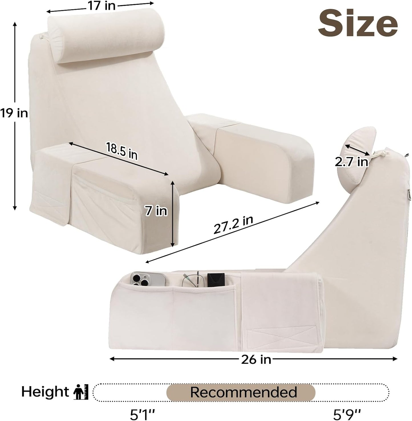 ENITYA 19" Reading Pillow for Bed with Firm Back Support & Big Pockets | Back Pillow for Bed Sitting Up/Watching TV/Nursing/Recovery/Gaming,High Density Foam,Machine Washable Cover,Light Grey