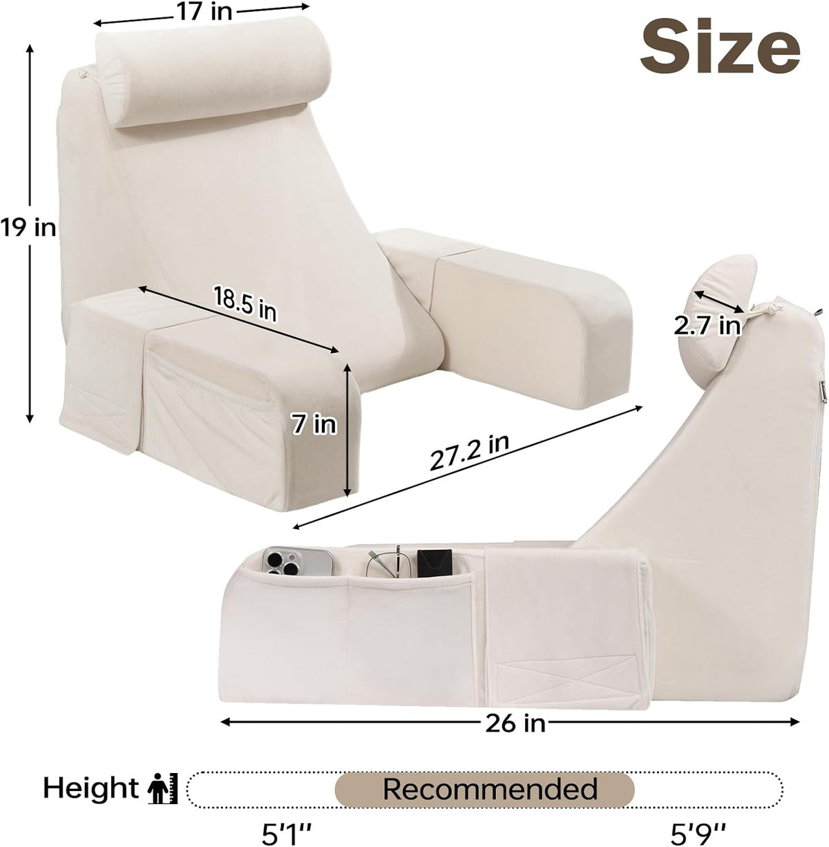 ENITYA 21" Reading Pillow for Bed with Firm Back Support & Big Pockets