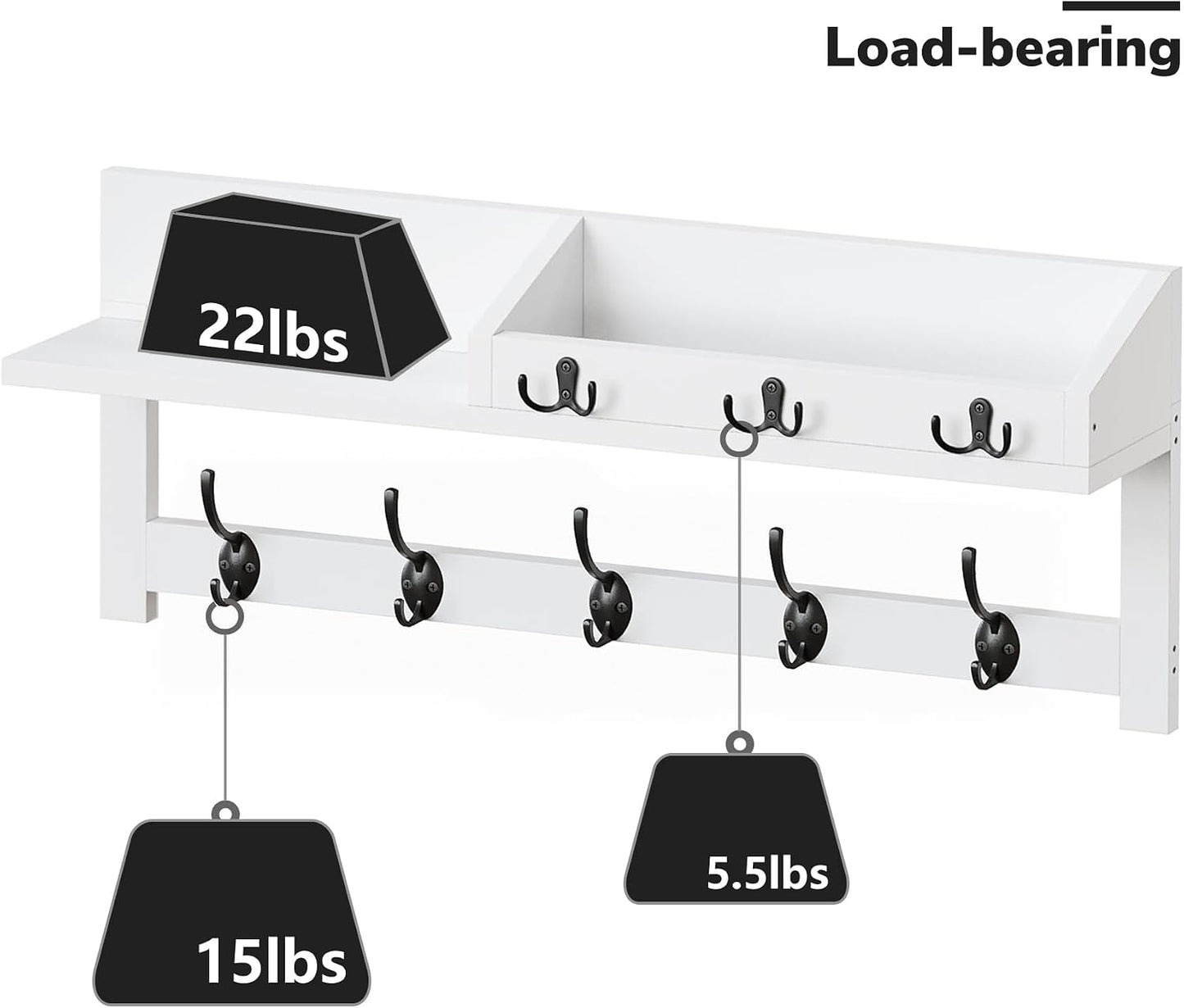 AMBIRD Wall Hooks with Shelf, 26.57 Inch Entryway Wood Coat Hooks for Wall with Shelf, Coat Rack Wall Mount with 5 Dual Hooks 3 Key Hooks Mail Organizer and Key Rack Holder (Brown)