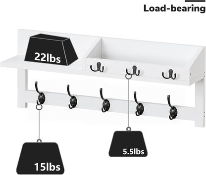 AMBIRD Wall Hooks with Shelf, 26.57 Inch Entryway Wood Coat Hooks for Wall with Shelf, Coat Rack Wall Mount with 5 Dual Hooks 3 Key Hooks Mail Organizer and Key Rack Holder (Brown)