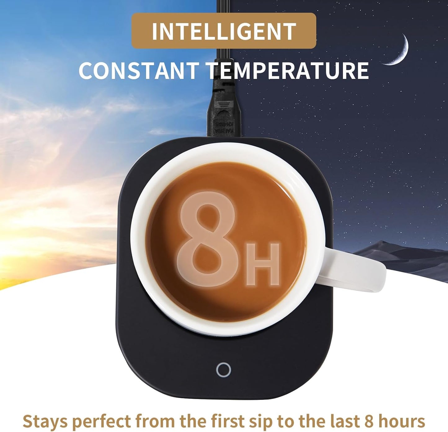 Mug Warmer with 4-Hour Auto Shut Off, 3 Temperature Settings, Frosted Black Rectangular Electric Beverage Heater, Borosilicate Glass Panel, 54-Inch Cord, Coffee Warmer for Desk, Tea Warmer