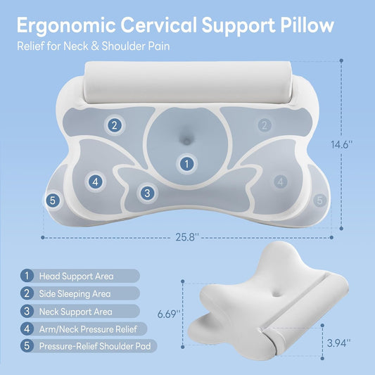 DUMOS 2-in-1 Contoured Neck Pillow, Slow Rebound Cooling Memory Foam with Detachable Round Support Roll, Multi Support Bolster for Neck Waist Ankle, Washable Cover for Side Back Stomach Sleepers White