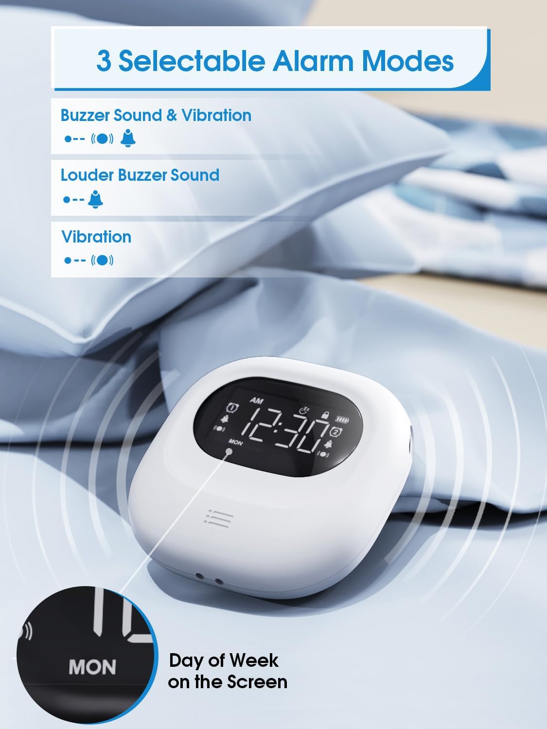 Vibrating Alarm Clock for Heavy Sleepers, Cordless Bed Shaker Clock Under Pillow for Teens, Deaf People, Adults, 3 Wake Modes, Rechargeable Battery Powered Travel Clock, Dual Alarm Clocks for Bedrooms
