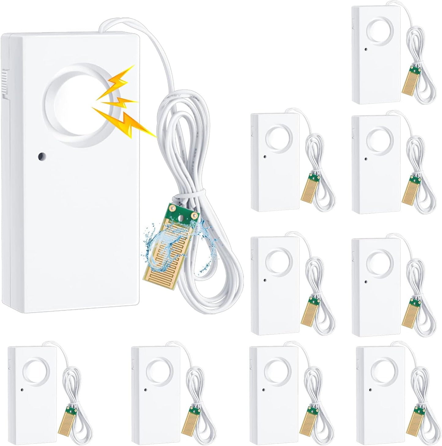 10 Pcs Water Sensor Alarm Leak Detector 120db Water Leak Alarm 9v Battery Flood Sensor Detector Overflow Security Alert for Home Basement Kitchen Garage Bath Tub Sink, White