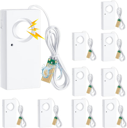 10 Pcs Water Sensor Alarm Leak Detector 120db Water Leak Alarm 9v Battery Flood Sensor Detector Overflow Security Alert for Home Basement Kitchen Garage Bath Tub Sink, White