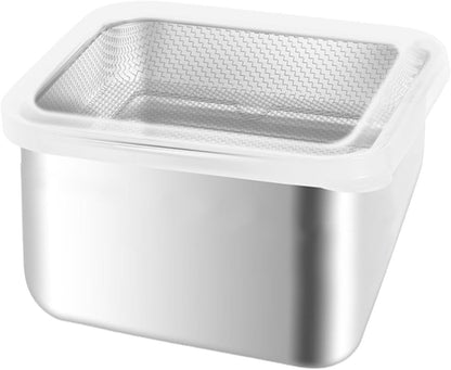 Stainless Steel Food Container with Strainer Colander Set Fridge Organizer Bin Multifunctional Kitchen Drain Basket for Lettuce Fruits, Vegetables, 1500ml