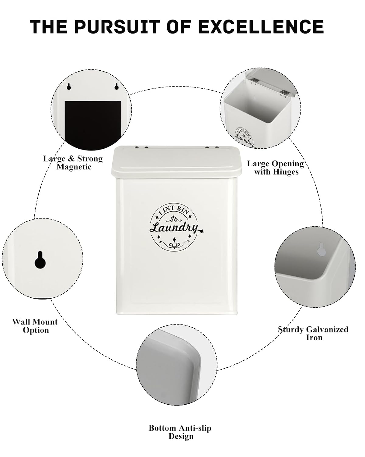 SACREDAY Magnetic Lint Bin for Laundry Room Organization and Storage with Brush, Wall-Mounted Dryer Lint Bin for Room Decor, Space-Saving Trash Can (Cream)