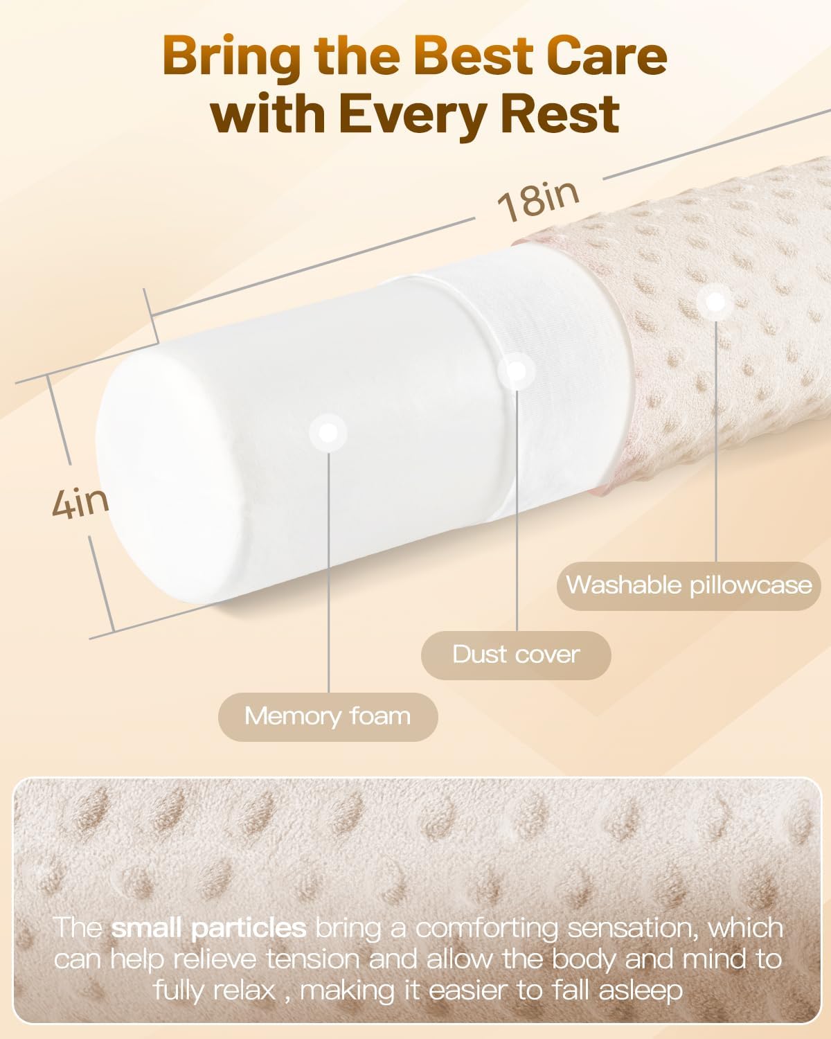Memory Foam 4" Round Pillow, Cervical Neck Pillow for Pain Relief, Cylinder Pillows 18"x 4", Removable Cover, Neck Roll Pillow for Sleeping, Velvet Dots, Grey