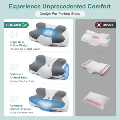 DONAMA Contour Cervical Neck Pillow for Neck Pain Relief | Queen,Ergonomic Dual-Height,Odorless Memory Foam,Side/Back/Stomach Sleepers,Cooling Hypoallergenic Cover,OEKO-TEX Certified