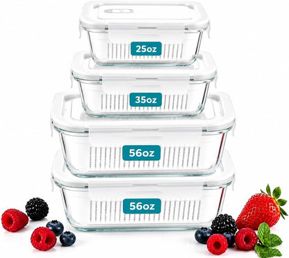 4 Pack Glass Berry storage containers for fridge with Removable Colander and Vent Valve, Fresh fruit Produce Storage Set（white）