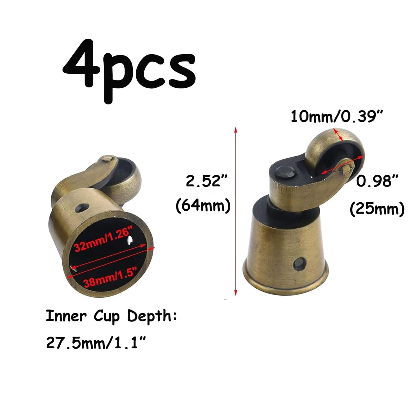 Semetall 4PCS Swivel Caster Wheels Square Cup Furniture Castors (Bronze) | 150kg Load Capacity, with Screws for Piano Feet, Sofa, Table, 1.02 Inch (26mm) Wheels