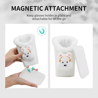 Plush Lined Eyeglasses Holder, Cute Magnetic PU Leather Glasses Stand Case for Women Men Kids