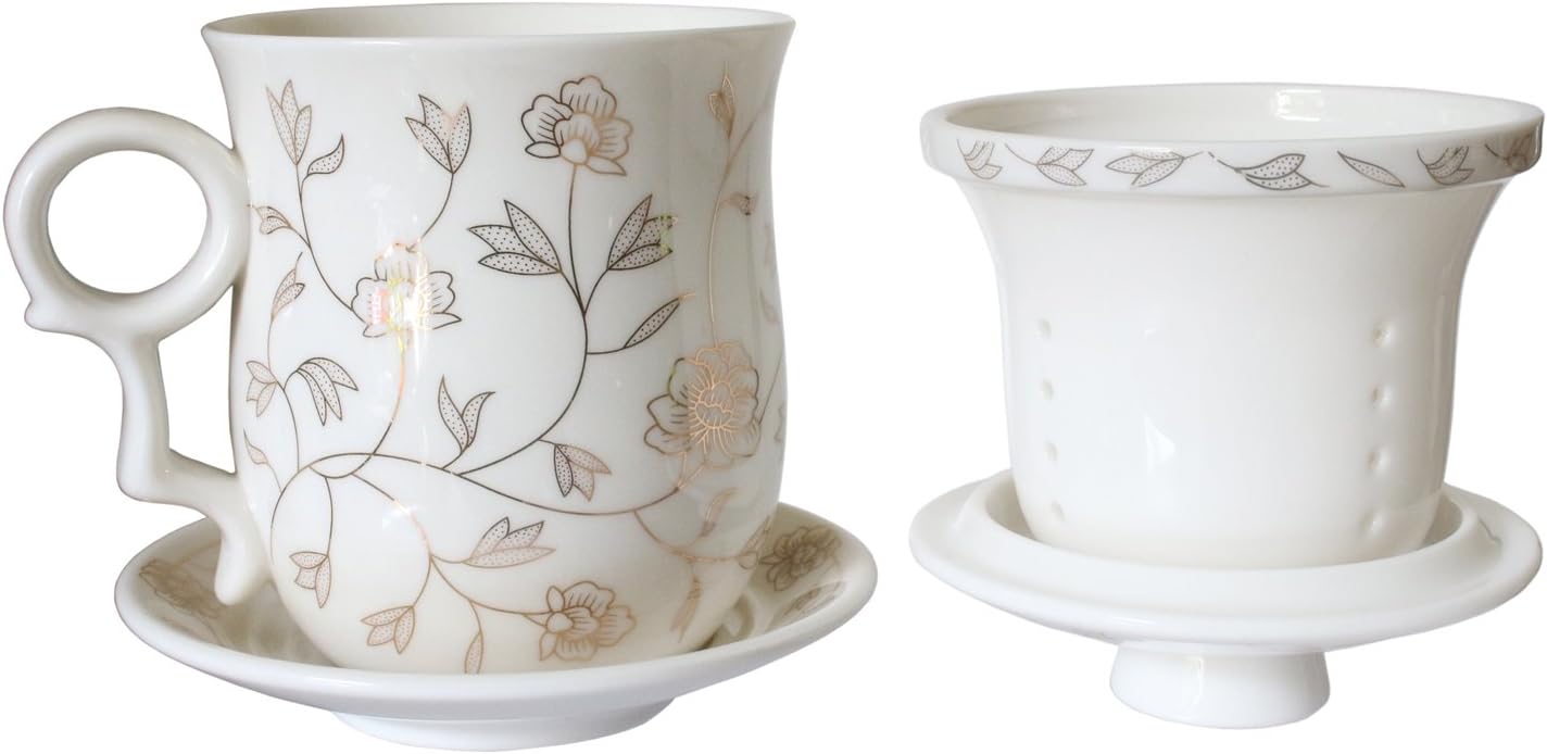 Porcelain Tea Cup with Infuser Lid and Saucer Sets - Chinese Jingdezhen Ceramics Coffee Mug Teacup Loose Leaf Tea Brewing System for Home Office