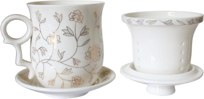 Porcelain Tea Cup with Infuser Lid and Saucer Sets - Chinese Jingdezhen Ceramics Coffee Mug Teacup Loose Leaf Tea Brewing System for Home Office