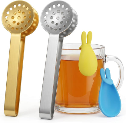 4Pcs Tea Bag Squeezer, Stainless Steel Tea Tongs with Rabbit Te a Bags Hangers, Teas Bag Dispenser Strainers Filters, Te a Bags Tongs For Gripping Loosing Ice Sugar Lemon Slice