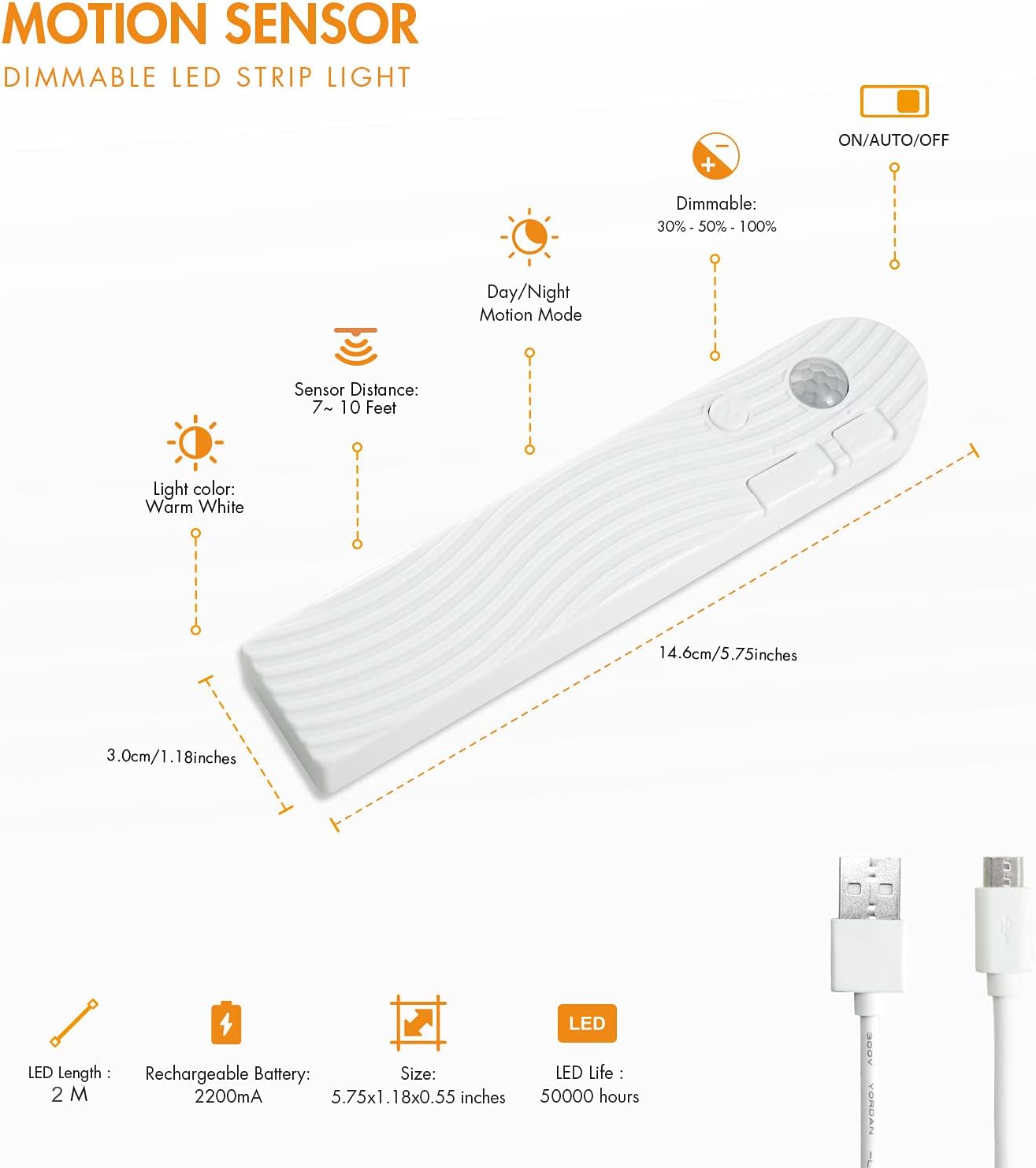 Sensky Motion Activated Strip Lights Rechargeable Motion Sensor LED Strip Light Dimmable Strip Lighting for Wardrobe, Cabinet, Pantry, Closet (2M Black, Cool White)
