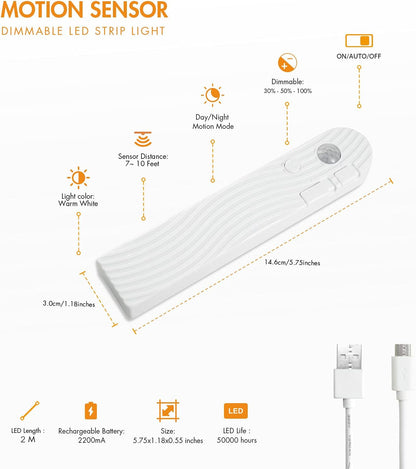 Sensky Motion Activated Strip Lights Rechargeable Motion Sensor LED Strip Light Dimmable Strip Lighting for Wardrobe, Cabinet, Pantry, Closet (2M Black, Cool White)