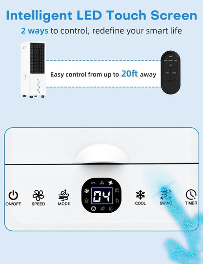 Windowless Air Conditioner w/4 Mode,3 Speed, Waterless Alert,2.4-Gal Tank for 24H Cooling, 12H Timer Swamp Cooler Air Conditioner, 20FT Remote,70° Auto Swing Evaporative Air Cooler for Bedroom