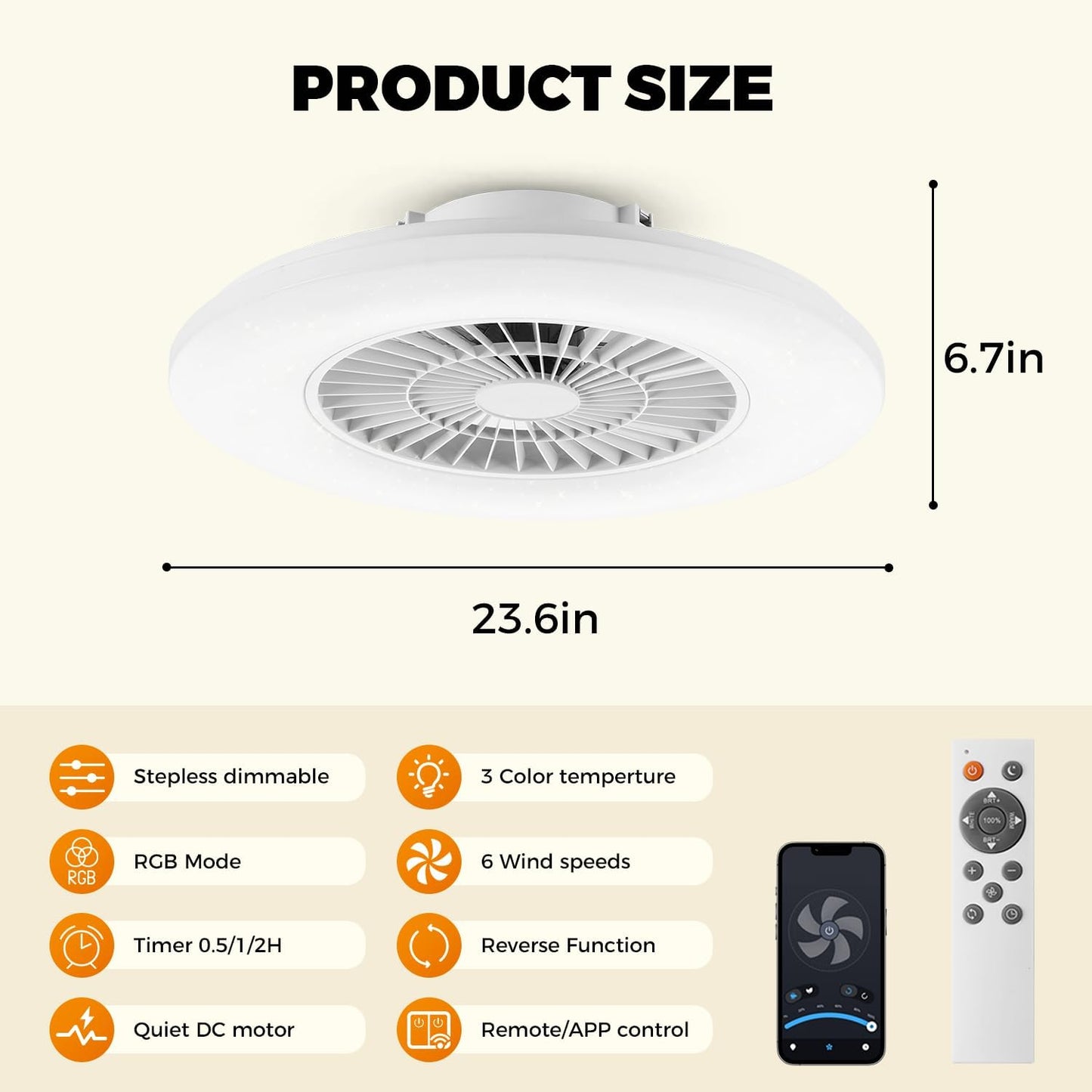 18.9" RGB Flush Mount Ceiling Fan with Light, 6 Speeds 3 Colors | Indoor Ceiling Fan · RGB+3CCT Dimmable · App/Remote Control · Quiet DC · 6-Speed Reversible · Flush Mount 18.9" · Kids Room