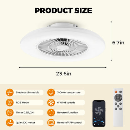18.9" RGB Flush Mount Ceiling Fan with Light, 6 Speeds 3 Colors | Indoor Ceiling Fan · RGB+3CCT Dimmable · App/Remote Control · Quiet DC · 6-Speed Reversible · Flush Mount 18.9" · Kids Room