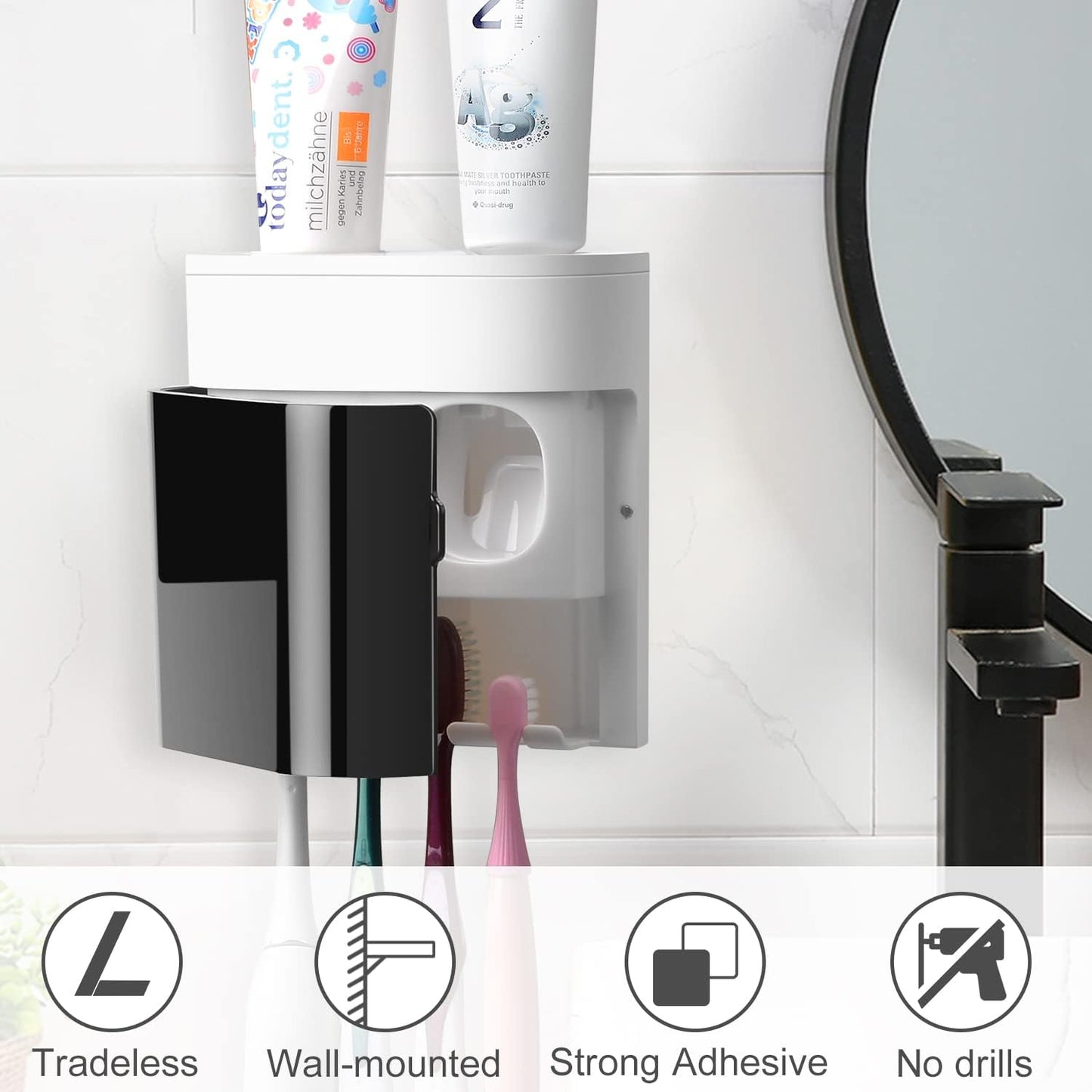 GFWARE Toothbrush Holder Toothpaste Dispenser Wall Mounted with Cover, 4 Slots Tooth Brush Storage Organizer with Automatic Kids Toothpaste Squeezers for Shower Bathroom Black | Automatic Toothpaste dispenser for Kids, Bathroom Storage Organizer with