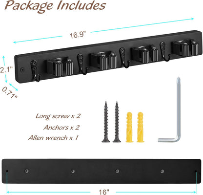 OUTNILI Mop and Broom Holder Wall Mount - Wood Broom Mop Hanger - Wall Mounted Garden Tool Rack Organizer for Closet Garage Laundry Room, Rustic Kitchen Decor With 4 Slots & 4 Hooks