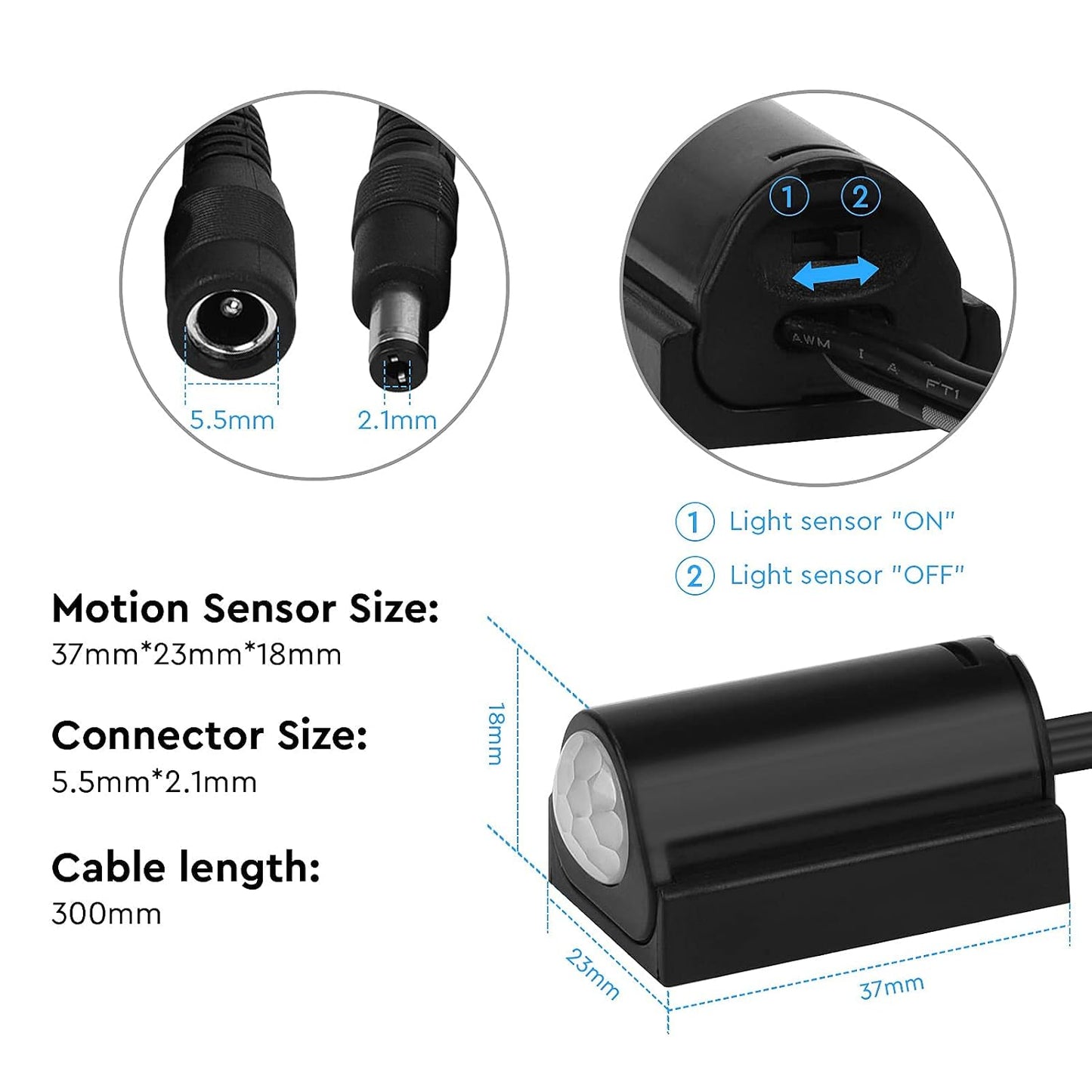 Litever PIR Motion Activated Sensor Switch Black with Light Sensor Function. DC6~24V 3A.DC 5.5x2.1mm Connectors. Perfect for DIY LED Lighting for Pantry Closet, In-Cabinet Gun Safe Cabinets, Bed light