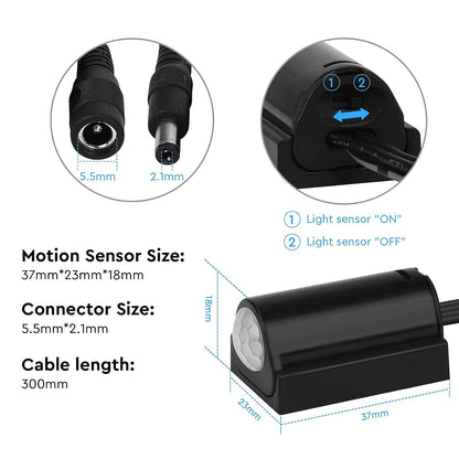Litever PIR Motion Activated Sensor Switch Black with Light Sensor Function. DC6~24V 3A.DC 5.5x2.1mm Connectors. Perfect for DIY LED Lighting for Pantry Closet, In-Cabinet Gun Safe Cabinets, Bed light