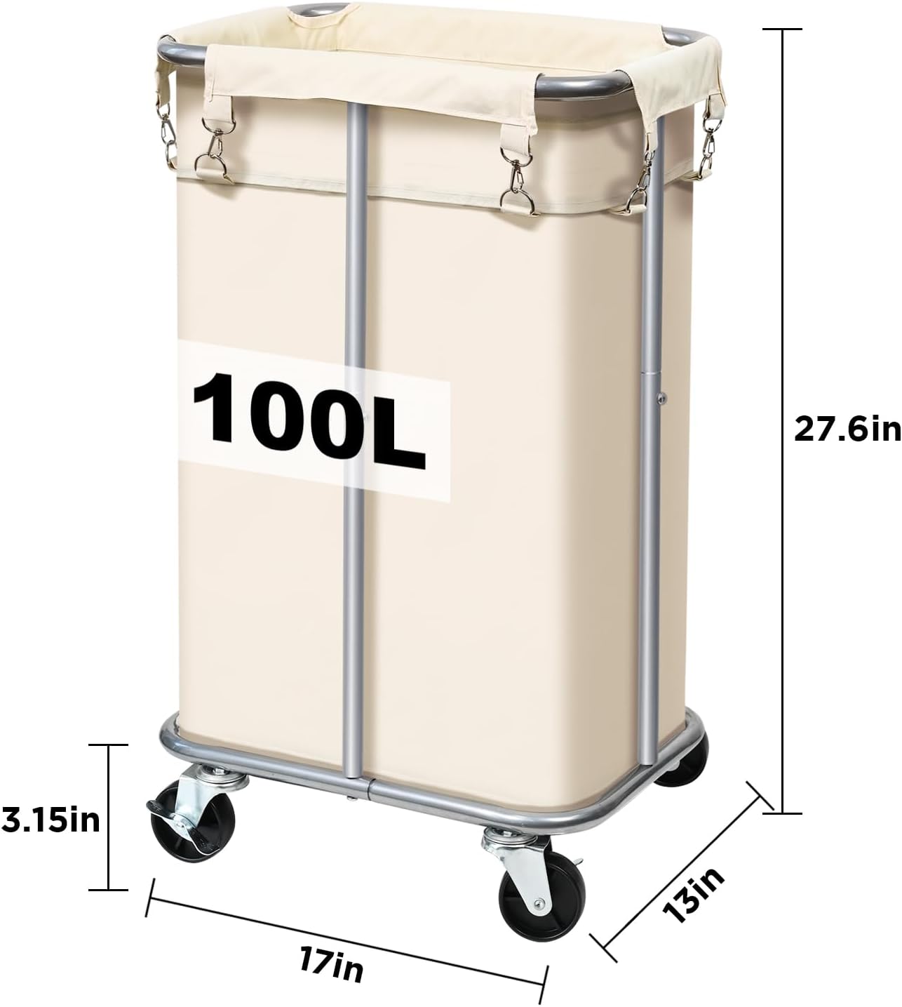 100L Rolling Laundry Hamper Basket with Wheels for Bedroom, Grey | Laundry Sorter Cart with Removable Bag, Tall Narrow Slim Clothes Organizer, Sturdy Metal Frame, Dorm Space Saving
