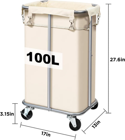 100L Rolling Laundry Hamper Basket with Wheels for Bedroom, Grey | Laundry Sorter Cart with Removable Bag, Tall Narrow Slim Clothes Organizer, Sturdy Metal Frame, Dorm Space Saving