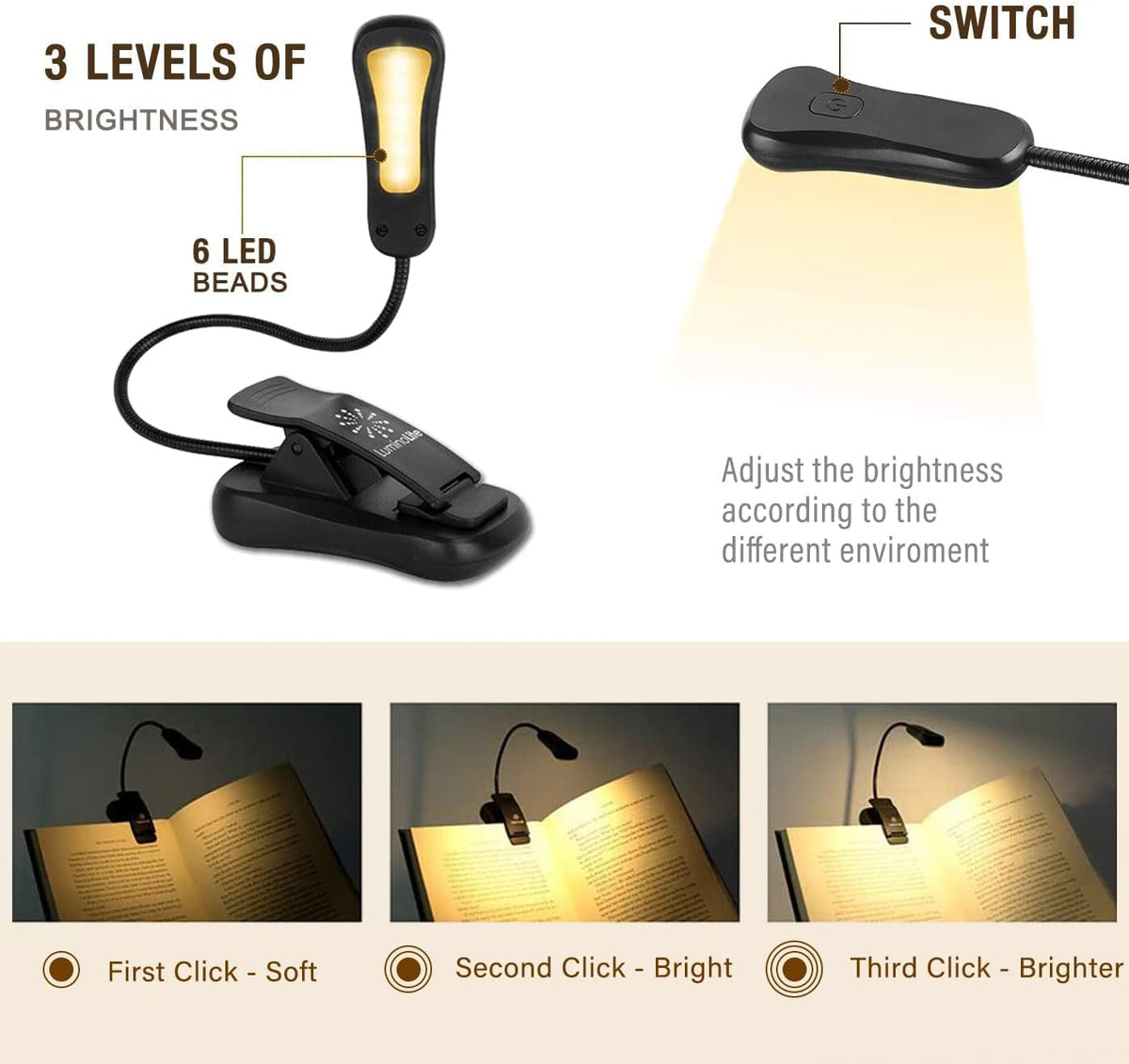 Vekkia 3000K Warm LED Rechargeable Book Light