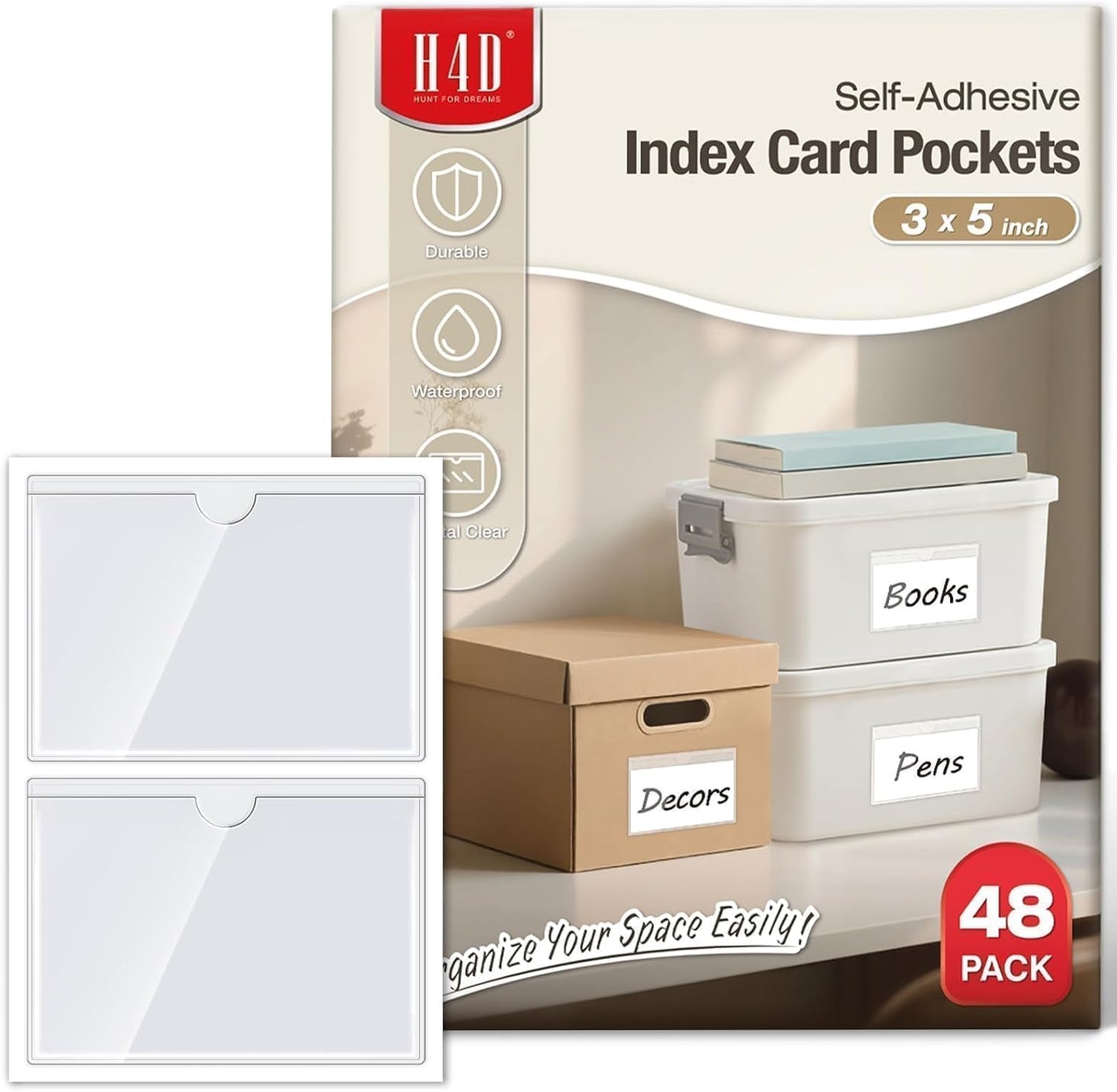 H4D 24 Pack labels for Storage Bins, 4" x 6" Plastic Clear Adhesive Pockets | Top-Open Index Card Holder, Waterproof & Removable Labels for Storage Bins, Totes, Containers, Shelves & Library Organization