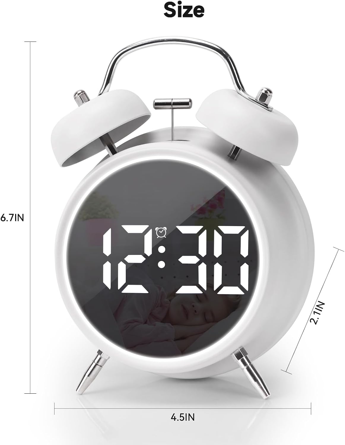 Digital Small Alarm Clock, 4.5 Inch Double Bell Electronic LED Alarm Clock, Plug in or Battery Operated Silent Metal Table Clock, Modern Loud Bedside Clock for Heavy Sleepers Adults Kids (Black)