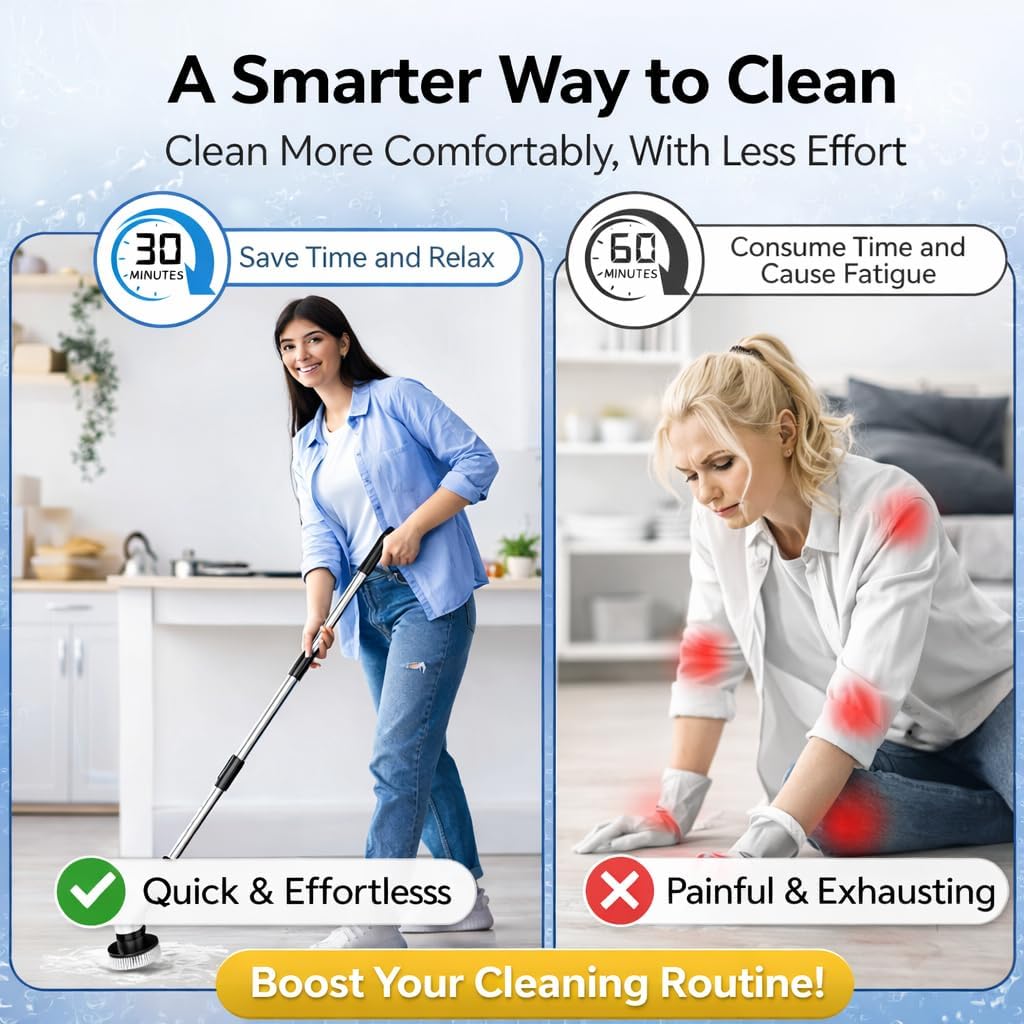 Premium Electric Bathroom Cleaning Brush, Waterproof Cordless Bathroom & Kitchen Cleaning Brush with Adjustable Handle & 9 Replaceable Heads – Powerful Deep Clean Tile, Grout, Tub, Window & Floor