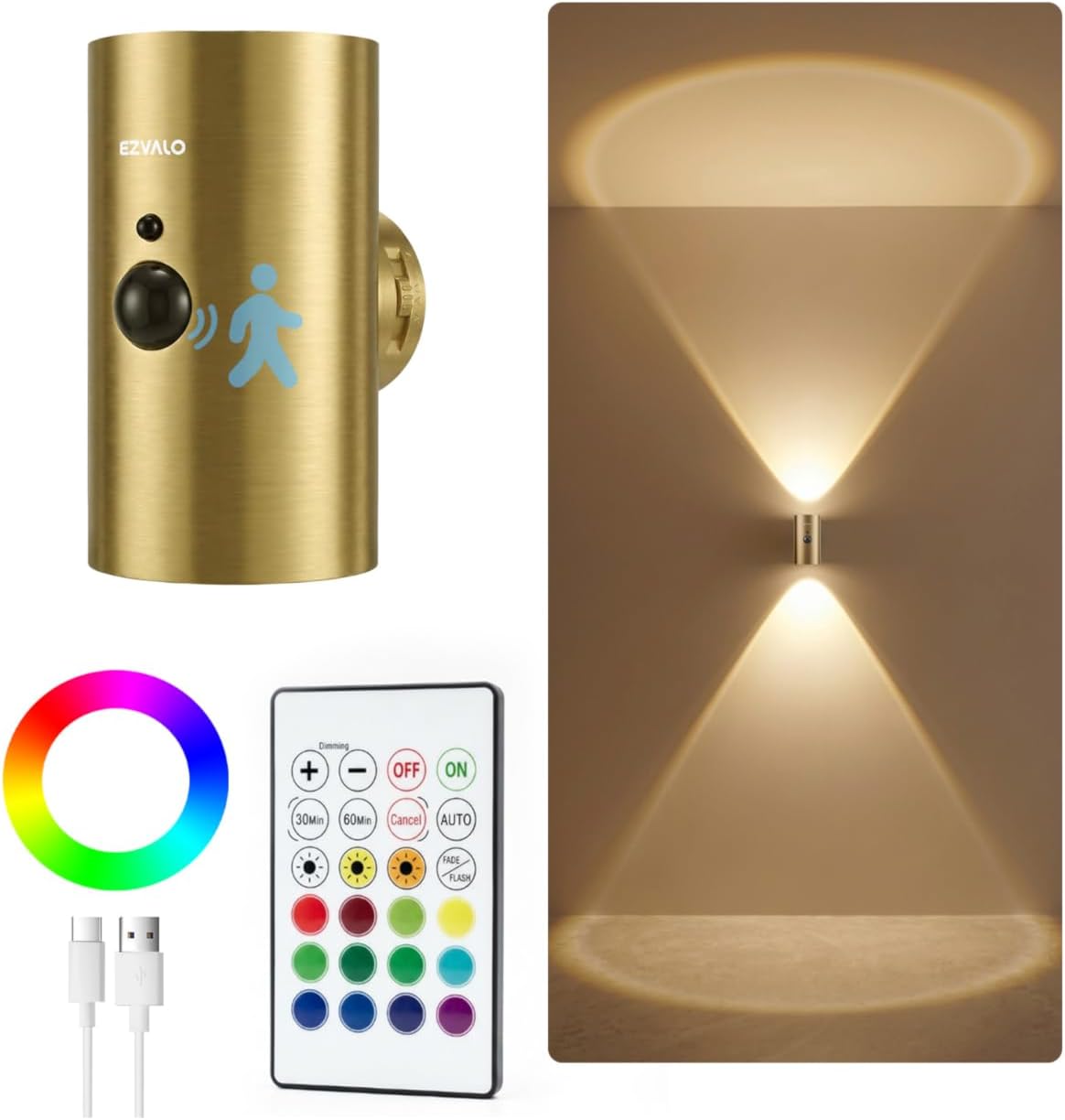 EZVALO Motion Sensor Wall Sconces with Remote, Rechargeable Battery Operated 4000mAh Wall Lights, 3 Color Temperatures & 12 RGB, Wireless LED Lighting for Hallway, Living Room (Brushed Gold, 2 Pack)