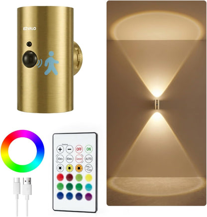 EZVALO Motion Sensor Wall Sconces with Remote, Rechargeable Battery Operated 4000mAh Wall Lights, 3 Color Temperatures & 12 RGB, Wireless LED Lighting for Hallway, Living Room (Brushed Gold, 2 Pack)