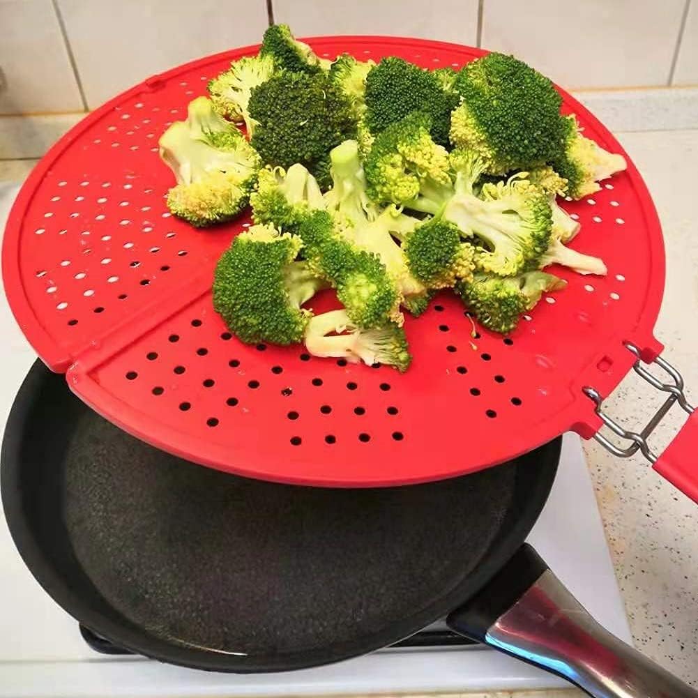 Foldable Silicone Splatter Screen, Bi-Fold Multifunction Shield for Frying Pan 11 3/4-Inch, Red