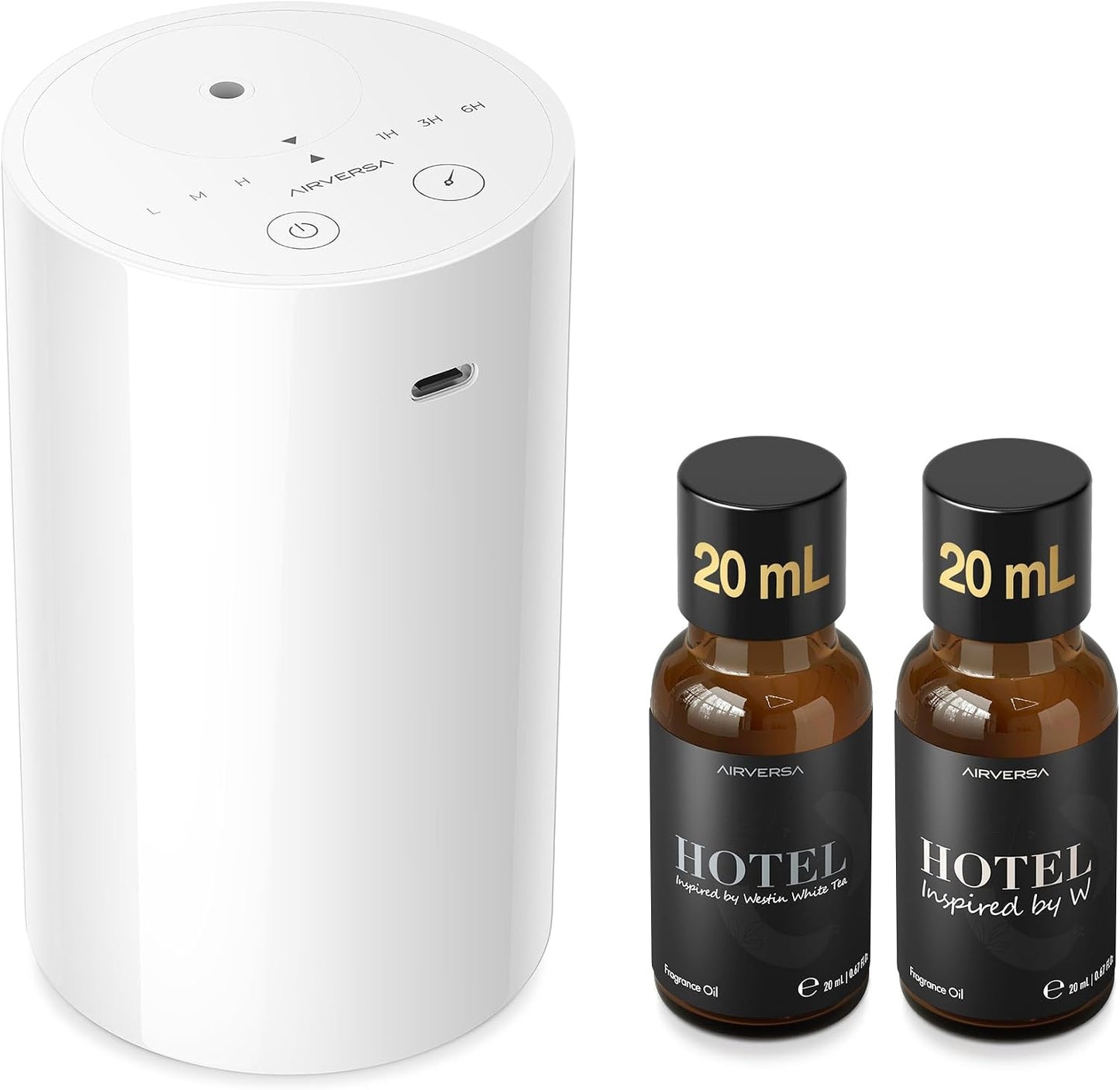 Airversa Waterless Essential Oil Diffuser Starter Kit with 4 x 10mL Hotel Scent Fragrance Oil, Battery Operated Mini Scent Air Machine Portable Diffuser for Home Car Office, AN8 Kit Black