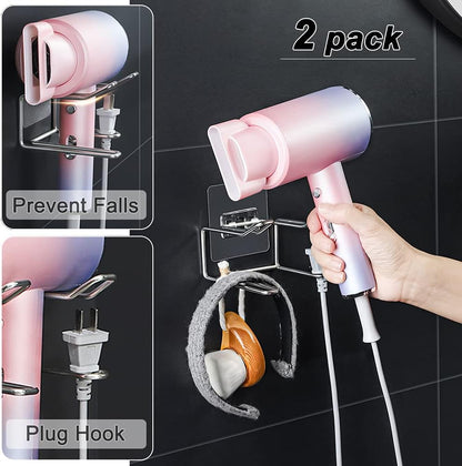 2 Pack Hair Dryer Holder, Wall Mount Self Adhesive Waterproof Blow Dryer Rack Storage Organizer Hanger, Compatible with Dyson and Most Hair Blower Appliance, Brush, Curling Iron, Straightener