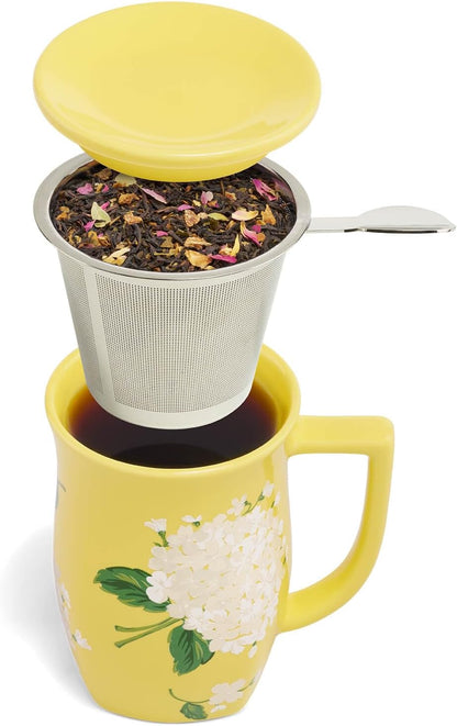 Tea Forte Ceramic Fiore Tea Cup with Infuser, Blue Agave, 14 oz | Insulated Ceramic - Stainless Steel Loose Leaf Infuser - Keeps Tea Hot Longer - Lid Included - Microwave & Dishwasher Safe